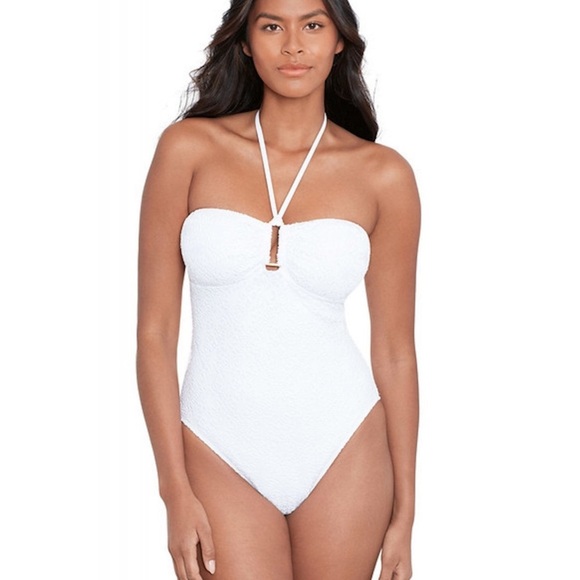 🌻NEW w/tag Lauren Ralph Lauren White Crochet Ring Bandeau 1-Piece Swimsuit sz 6 - Picture 1 of 11